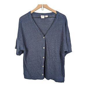 H Halston | 100% Linen Button Up Short Sleeve Shirt | Navy Blue | Large
